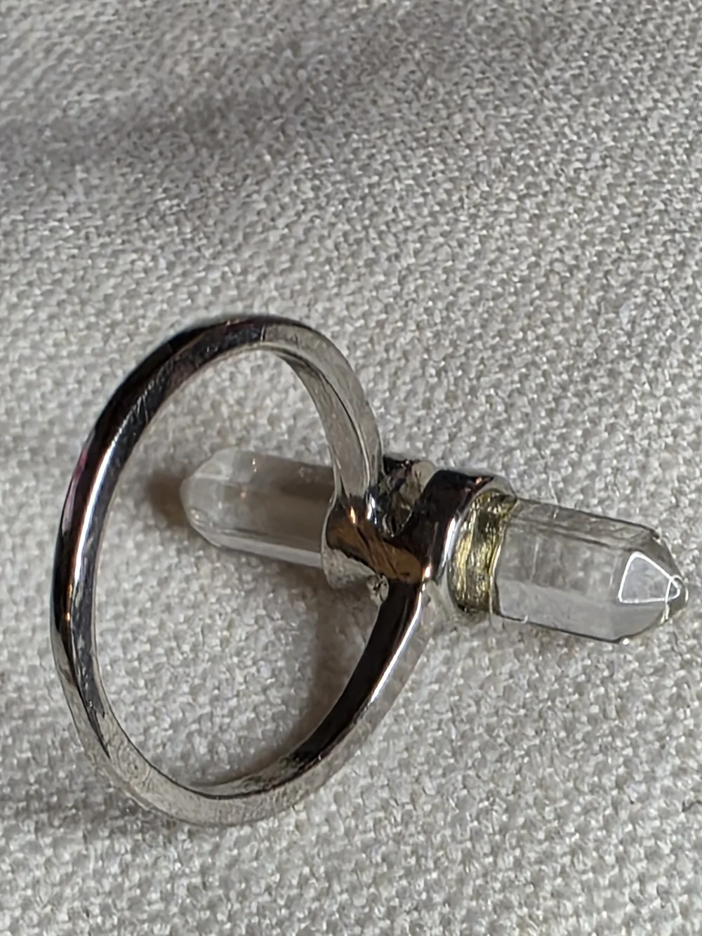 Crystal Point Quartz Double Terminated Ring Silver Tone Size 6.5
